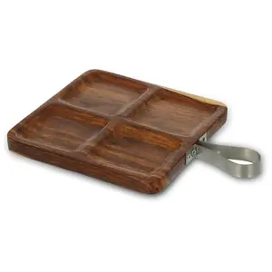 طبق تقديم مكسرات 4 اقسام بعلاقه معدن، مربع مقاس 23× ارتفاع 3 سم، خشب طبيعى - خشبى 