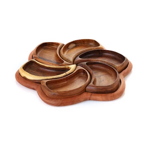 طبق مقبلات مع 6  بولات،  مقاس34×34× 4سم، خشب طبيعى - خشبى