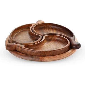 طبق مقبلات مع 3 بولات أوراق شجر، خشب طبيعى - خشبى