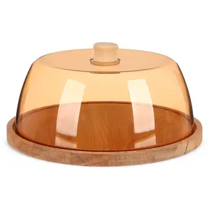 استاند تقديم الكيك بقاعده مع غطاء، مقاس 29سم، خشب طبيعى بغطاء اكريليك ساده - عسلى من ويلينى
