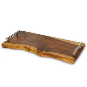 صينيه تقديم بايدى معدن، تصميم طبيعى مستطيل، خشب طبيعى - خشبى 