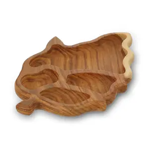 طبق تقديم بيد، تصميم ورق الشجر مقسم شكل عشوائى، 30×18× ارتفاع 2سم، خشب طبيعى - خشبى 
