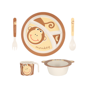 طقم عشاء  للأطفال، 5 قطع، تصميم قرد،  فايبر بامبو صحى - متعدد الألوان