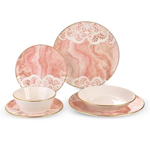 طقم عشاء، 24 قطعه ل6 افراد، بورسلين، تركى - وردي رخامي