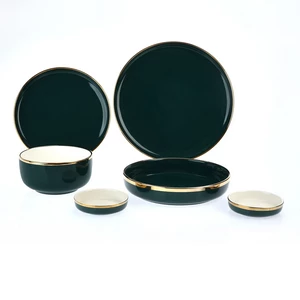 طقم عشاء، 28 قطعه ل6 اشخاص، بورسلين - اخضر مع ذهبى