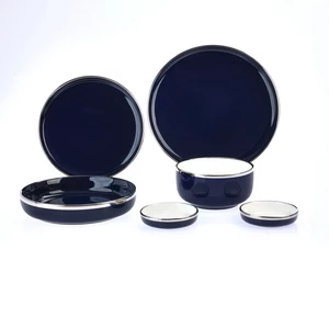 طقم عشاء، 28 قطعه ل6 اشخاص، بورسلين - كحلي باطار فضي