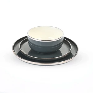 طقم عشاء، 28 قطعه ل6 اشخاص، بورسلين - رمادى مع فضى