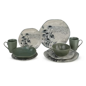 طقم عشاء، 30 قطعه ل 6 افراد، بورسلين، تصميم مموج - زيتونى مع بيج