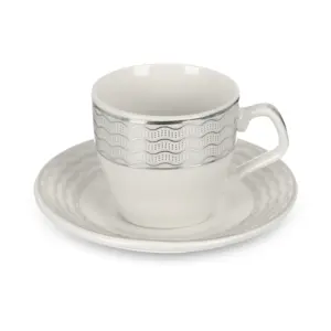 طقم قهوه، 12 قطعة ل 6افراد، بخطرط فضيه منحنيه، بورسلين - ابيض  