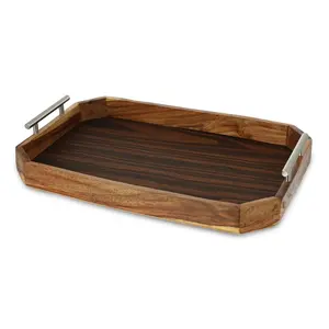صينيه تقديم بايدى معدن، تصميم مستطيل بحواف مرتفعه، خشب طبيعى - خشبى 