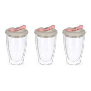 طقم اكواب زجاج مزدوج حرارى، 3 قطع بغطاء سيليكون، سعه 350مل