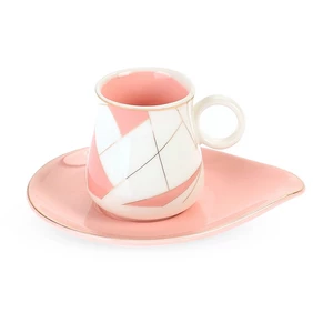 طقم فناجين قهوه، 12 قطعه ل 6 افراد، بورسلين - بينك مع أبيض و دهبي