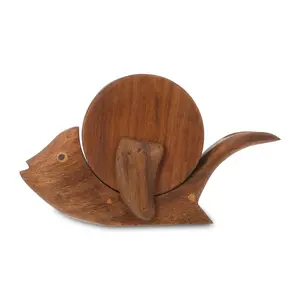 طقم حامل اكواب (كوستر)، 6 قطع مع حامل، تصميم السمكه، خشب طبيعى - خشبى 