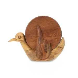 طقم حامل اكواب (كوستر)، 6 قطع مع حامل، تصميم بطه، خشب طبيعى - خشبى 