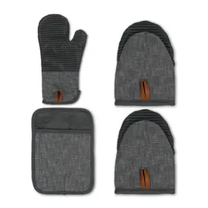 طقم قفازات حرارى عالى الجوده، 4 قطع، قماش مع سيليكون - رصاصى 