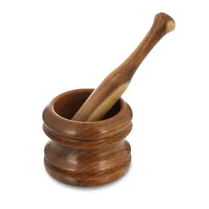 طقم هون مع مدق، دائرى مضلع، مقاس وسط 12×ارتفاع 14 سم، خشب طبيعى - خشبى 