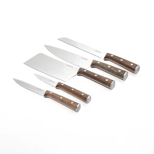 طقم سكاكين، 5 قطع مع حامل خشبي مائل، ستانليس ستيل عالى الجوده بيد خشب - فضى