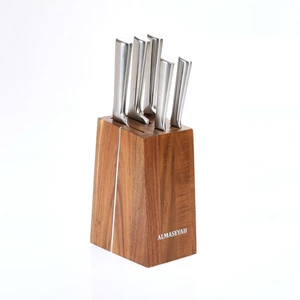 طقم سكاكين، 5 قطع مع حامل خشب، ستانليس ستيل عالى الجوده بيد ستيل - فضى