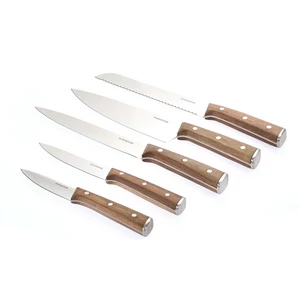 طقم سكاكين، 5 قطع مع حامل من خشب الجوز، ستانليس ستيل عالى الجوده بيد ستيل - فضى