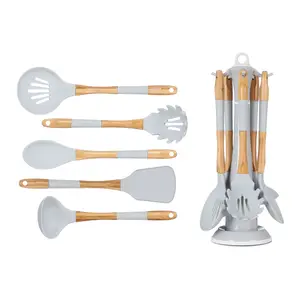 طقم أدوات الطهي، 5 قطع، مع حامل بلاستيك، سيليكون بيد خشب - رمادي