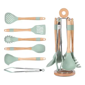 Utensils Set, 6 Pieces with Metal Holder, Silicone with Wooden Handle - Mint Green