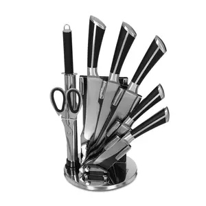 طقم سكاكين ستانلس ستيل باص، 7 قطع مع حامل بيد سوداء بخط فضي طولي - فضي مع اسود