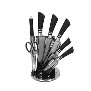 طقم سكاكين ستانلس ستيل باص، 7 قطع مع حامل بيد سوداء بخطوط - فضي مع اسود