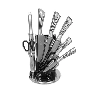 طقم سكاكين ستانلس ستيل باص، 7 قطع مع حامل بيد ستيل بخطوط - فضي