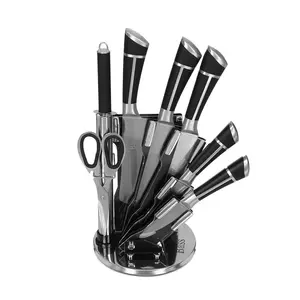 طقم سكاكين ستانلس ستيل باص، 7 قطع مع حامل بيد بخط عمودي فضي - أسود مع فضي