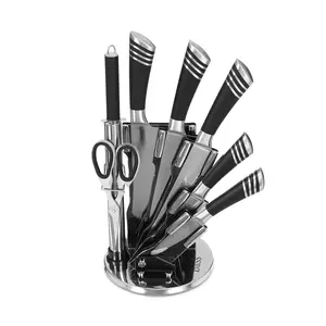 طقم سكاكين ستانلس ستيل باص، 7 قطع مع حامل بيد بخطوط فضي عرضيه - فضي مع اسود