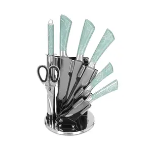طقم سكاكين ستانلس ستيل باص، 7 قطع مع حامل بيد اخضر نعناعي رخامي - فضي مع اخضر