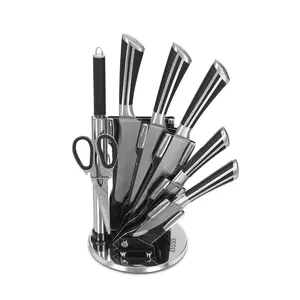 طقم سكاكين ستانلس ستيل باص، 7 قطع مع حامل بيد بخطين فضي طولي - فضي مع اسود