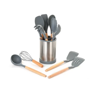 طقم توزيع، 12 قطعه مع قاعده دواره، سيليكون بيد خشب - رصاصى