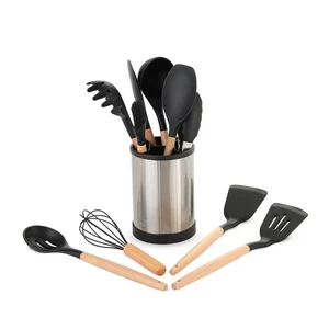 طقم توزيع، 12 قطعه مع قاعده دواره، سيليكون بيد خشب - اسود