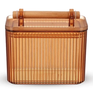 باولو حافظه طعام بغطاء، سعة 900مل، اكريليك مخطط بيد خشب - عسلى من ويلينى