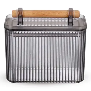 باولو حافظه طعام بغطاء، سعة 900مل، اكريليك مخطط بيد خشب - رمادى من ويلينى