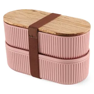 بيرلى طقم حافظات وعلب طعام، قطعتين سعة (1000+2000مل )، تصميم بيضاوى مخطط، اكريليك بغطاء خشبى - بينك من ويلينى