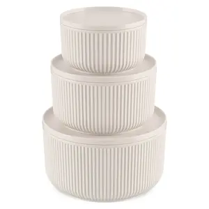 Willini perle Food Containers Bowl Set, 3 Pieces with Covers(650-1300-2300ml), Round Lines Design - Matt White