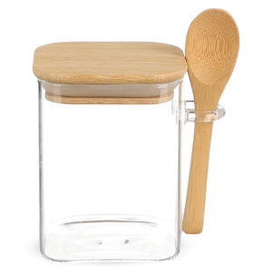 Storage Canister with Wooden Spoon ,Square Shape, Borosilicate Glass with Wooden Cover, Medium Size - Transparent