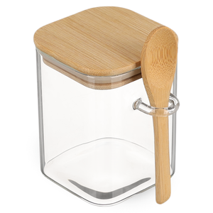 برطمان تخزين طعام بغطاء ، مربع الشكل ، زجاج حرارى بغطاء خشب ، حجم كبير - شفاف