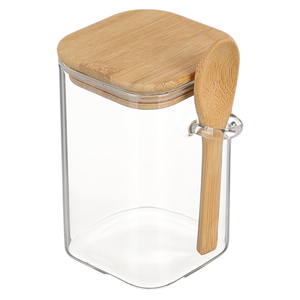 برطمان تخزين طعام بغطاء، مربع الشكل، زجاج حرارى بغطاء خشب، حجم صغير - شفاف