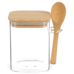 برطمان تخزين طعام بغطاء، مربع الشكل، زجاج حرارى بغطاء خشب، حجم صغير - شفاف