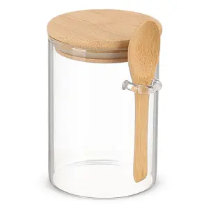 برطمان تخزين طعام بغطاء ، دائرى الشكل ، زجاج حرارى بغطاء خشب ، حجم وسط - شفاف