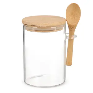برطمان تخزين طعام بغطاء ، دائرى الشكل ، زجاج حرارى بغطاء خشب ، حجم وسط - شفاف