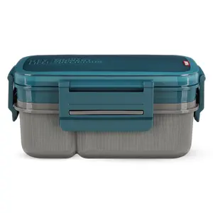 لانش بوكس، دورين مع ملعقه وشوكه، تصميم مخطط، بلاستيك عالى الجوده - ازرق غامق 