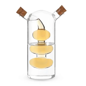 قاروره للزيت والخل 2 في 1، 300مل، زجاج مقوى مع غطاء خشب