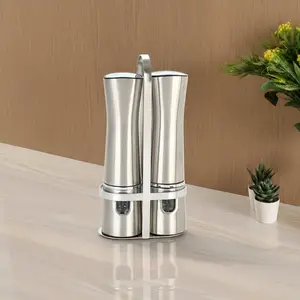 Electric Salt and Pepper Grinder Set, 2 Pieces with Stand, Stainless Steel