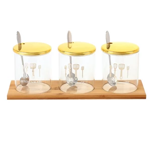 طقم توابل مع حامل وملاعق، 3 قطع، زجاج بغطاء معدنى - لون شفاف