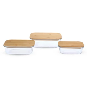 طقم حافظات طعام، 3 قطع، مستطيل، زجاج حرارى بغطاء خشب - شفاف