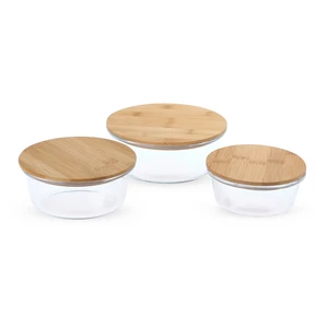 طقم حافظات طعام، 3 قطع، دائرى، زجاج حرارى بغطاء خشب - شفاف